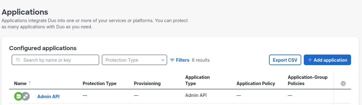 Duo Applications list with a Configured applications table showing an Admin API row whose Application Type is Admin API