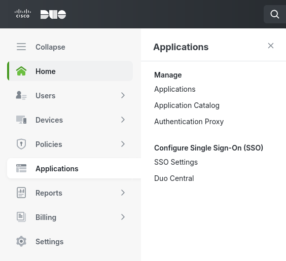 Duo Admin Panel navigation with the Applications flyout open, showing Applications, Application Catalog and Authentication Proxy under Manage