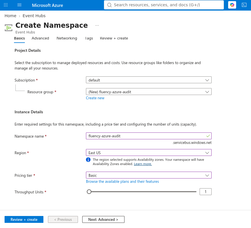 Create Namespace Basics tab with the default subscription, a new fluency-azure-audit resource group and namespace name, the East US region, the Basic pricing tier and one throughput unit