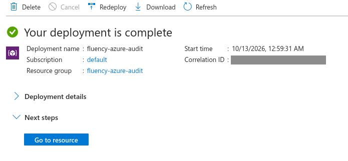 Deployment overview reading Your deployment is complete, with the Go to resource button under Next steps