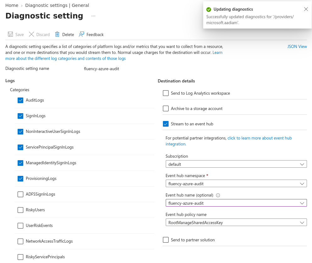Saved diagnostic setting fluency-azure-audit with AuditLogs, the four sign-in categories and ProvisioningLogs ticked, Stream to an event hub selected with the fluency-azure-audit namespace and hub and the RootManageSharedAccessKey policy, and the Successfully updated diagnostics notice