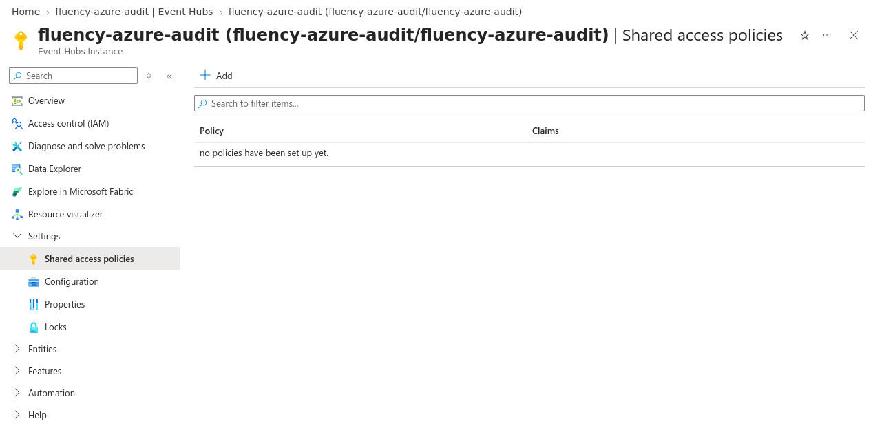 Shared access policies page of the fluency-azure-audit event hub, headed Event Hubs Instance, with no policies set up yet