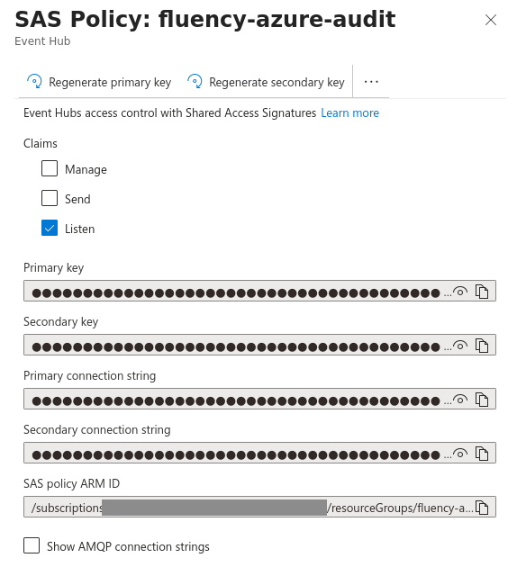SAS Policy panel for fluency-azure-audit with only Listen ticked, the masked Primary key, Secondary key, Primary connection string and Secondary connection string, and the SAS policy ARM ID