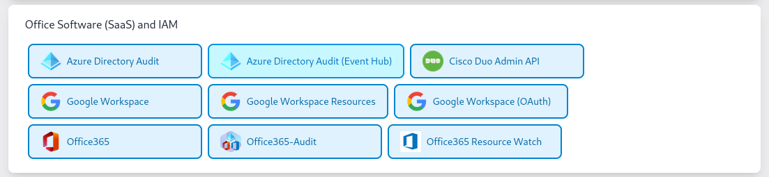 Office Software (SaaS) and IAM category of the template catalog, with the Azure Directory Audit (Event Hub) tile next to Azure Directory Audit