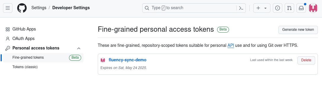 GitHub personal access token creation page