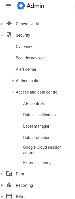 Google Admin console navigation with Security expanded and Access and data control showing API controls