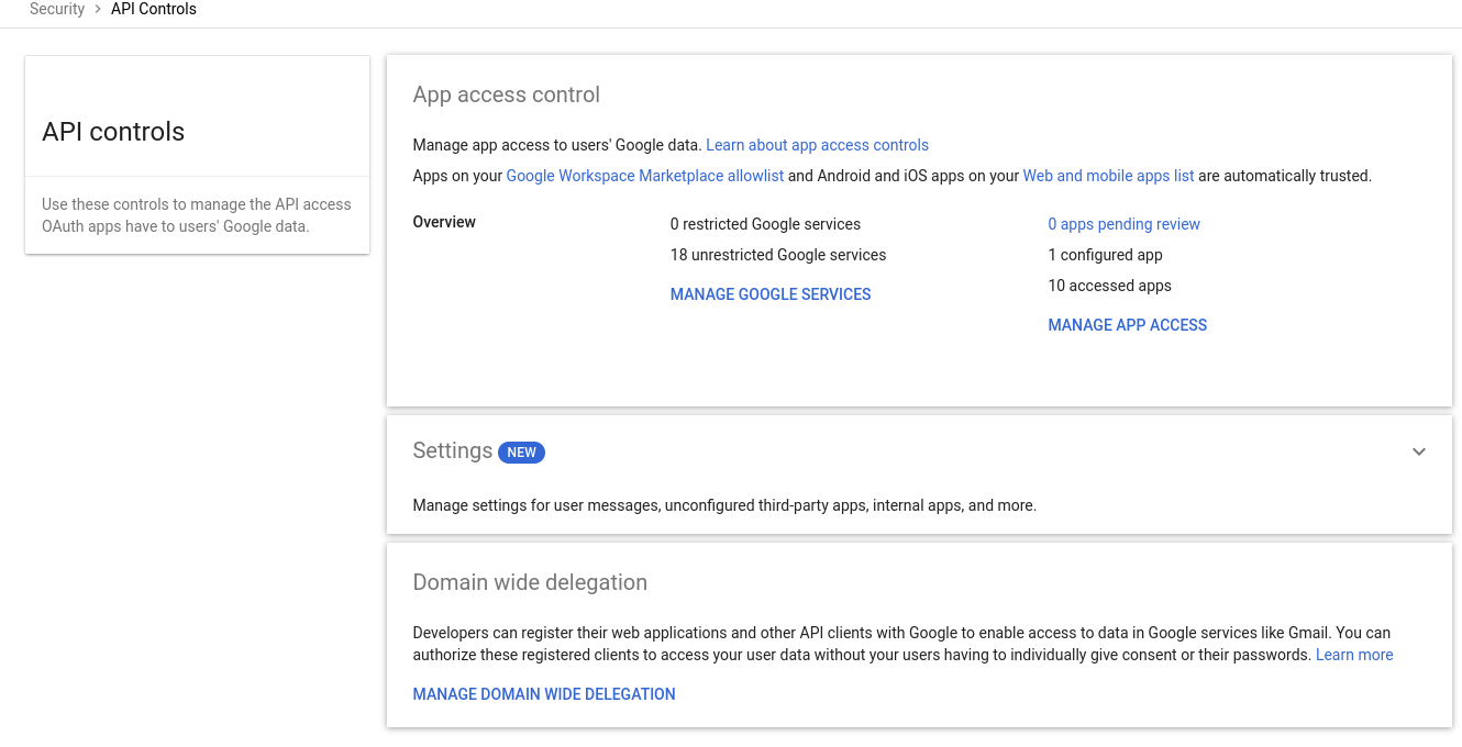 Admin console API controls page showing App access control and the Domain wide delegation panel