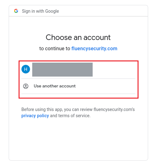 Google account chooser showing a single account, with the requesting site named below the heading