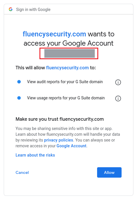 Google consent screen listing two permissions: view audit reports and view usage reports for the domain