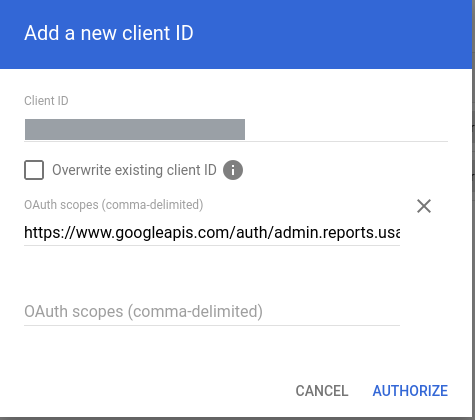Add a new client ID dialog with the Client ID field redacted and an OAuth scopes field