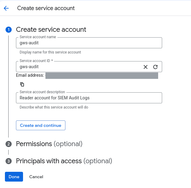 Create service account form with the name, ID, generated email address and description fields