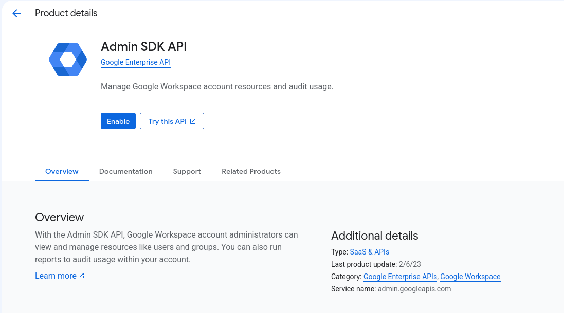Admin SDK API product details page in the Google Cloud API Library, showing the Enable button and the service name admin.googleapis.com