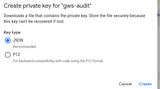 Create private key dialog offering JSON (recommended) and P12 key types