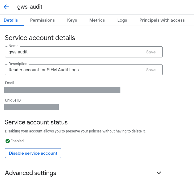 Service account details page with the Email and Unique ID fields, both redacted