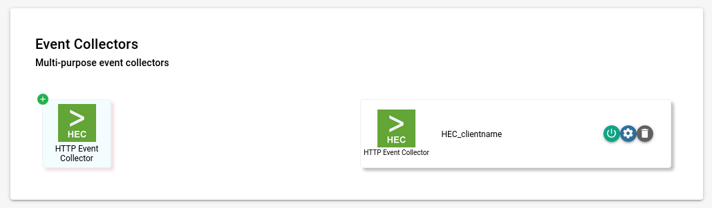 Configured HEC endpoint listed under Event Collectors, with its gear configure button
