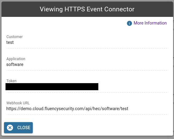 HEC connector page displaying the Token and Webhook URL