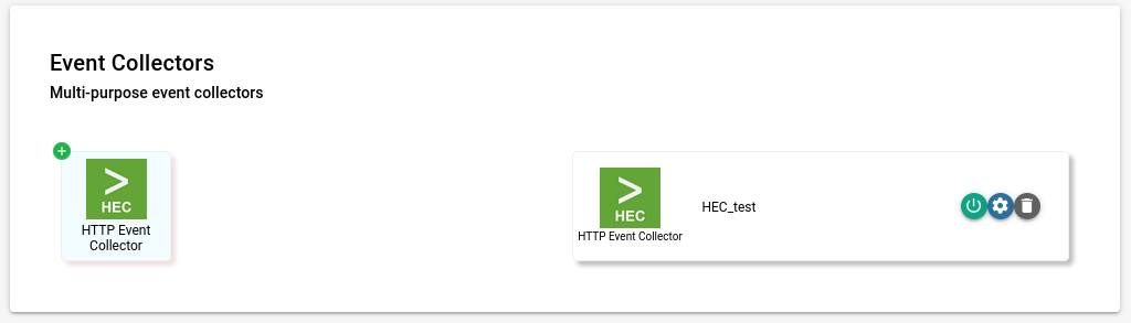 Configured HEC endpoint listed under Event Collectors, with its gear configure button