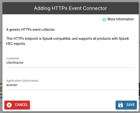 HEC integration dialog with avanan entered as the Application shortname