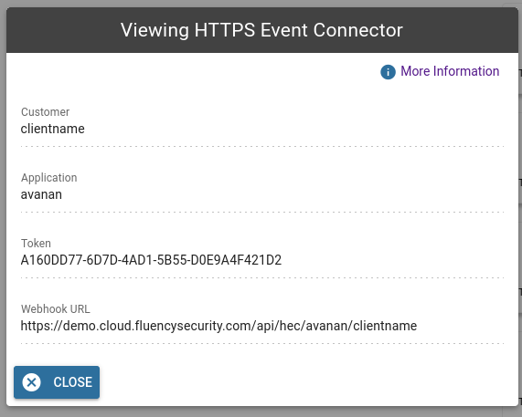 HEC connector page displaying the Token and Webhook URL for the Avanan feed