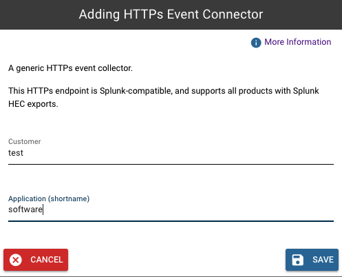 HEC integration dialog with the Customer name and Application shortname fields