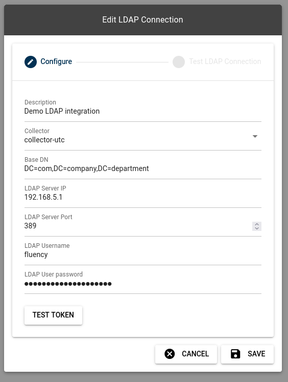 LDAP connection form with the username, password, BaseDN and collector fields