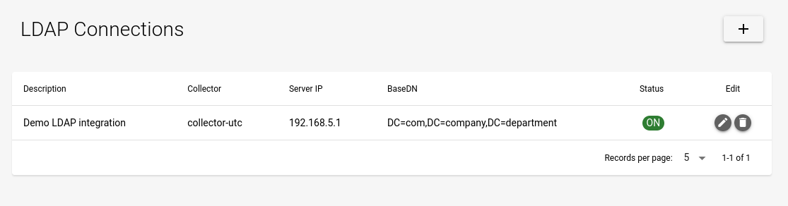 LDAP Connections tab listing the newly created connection