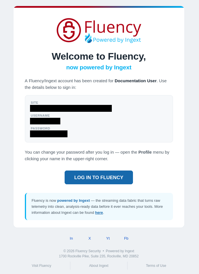 Automated welcome email from Fluency Admin confirming the new account, with the login username and generated password