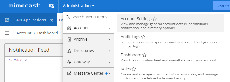 Mimecast Administration menu with the Account submenu open, showing Account Settings, Audit Logs, Dashboard and Roles