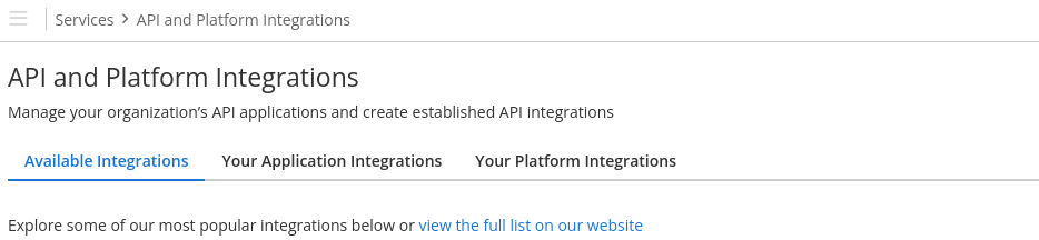 API and Platform Integrations page showing the Available Integrations, Your Application Integrations and Your Platform Integrations tabs