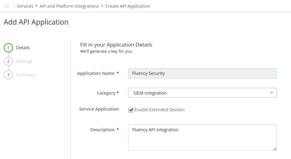 Add API Application wizard on the Details step, with Application Name, Category set to SIEM Integration, the Enable Extended Session checkbox ticked, and a Description
