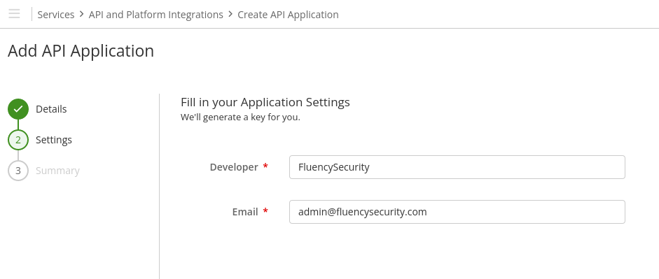 Add API Application wizard on the Settings step, with Developer and Email fields filled in