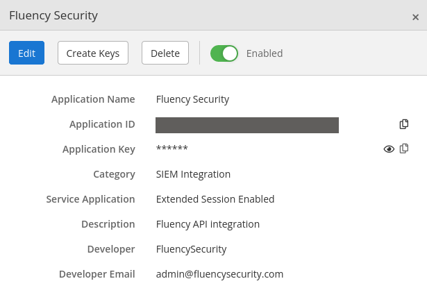Application details panel showing Application Name, a redacted Application ID, a masked Application Key, Category, Extended Session Enabled, Description and developer contact