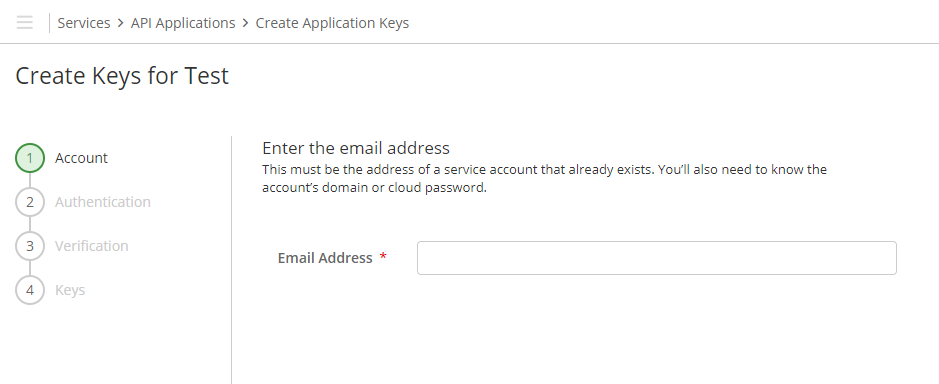 Create Keys wizard on the Account step, asking for the email address of an existing service account