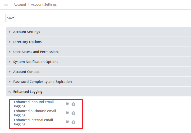 Account Settings page with the Enhanced Logging section expanded and all three logging checkboxes ticked