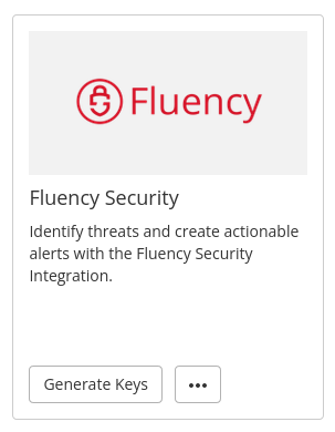 Fluency Security integration card in the Mimecast Available Integrations catalog, with a Generate Keys button