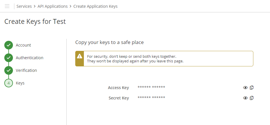 Create Keys wizard on the Keys step, warning not to keep or send both keys together and showing masked Access Key and Secret Key rows