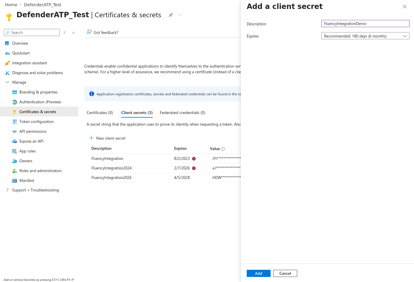 Add a client secret panel with a description and expiry drop-down