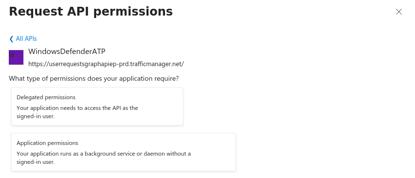 Permission type selection under WindowsDefenderATP showing Delegated permissions and Application permissions