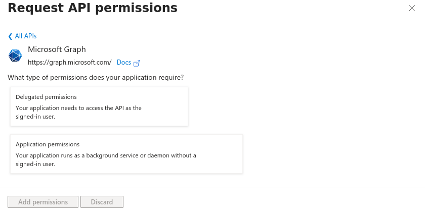 Permission type selection showing Delegated permissions and Application permissions