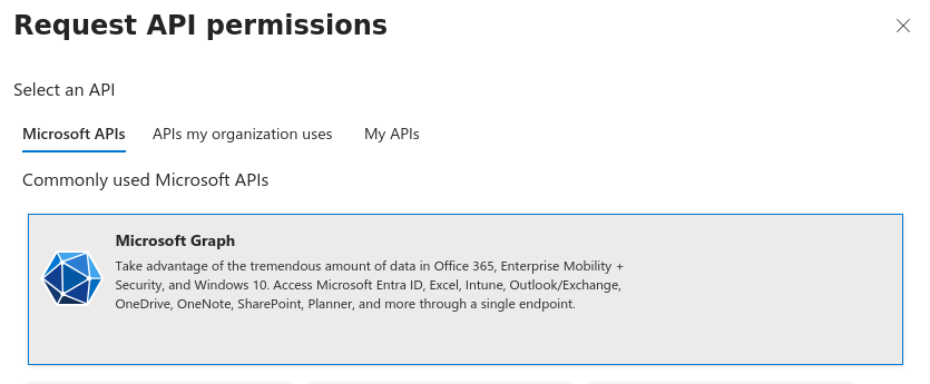 Request API permissions dialog with the Microsoft APIs tab open and Microsoft Graph selected