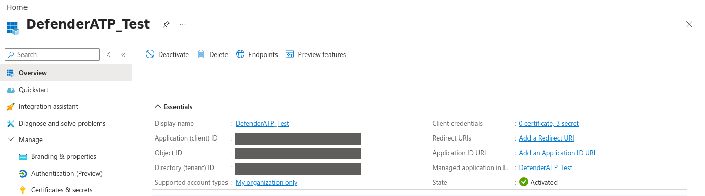 App registration Overview page with the Application (client) ID and Directory (tenant) ID fields