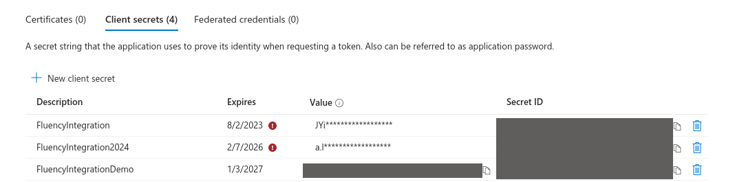 Client secrets list with the new secret's value visible in the Value column