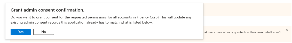 Grant admin consent confirmation dialog