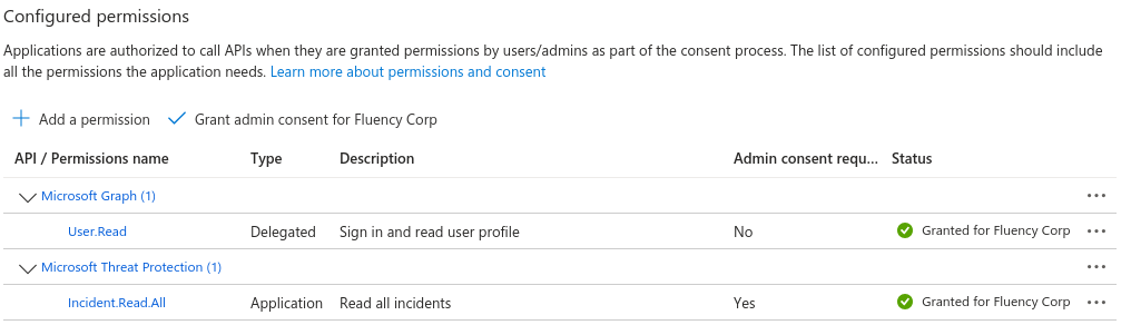 Configured permissions showing the legacy Microsoft Threat Protection API with Incident.Read.All
