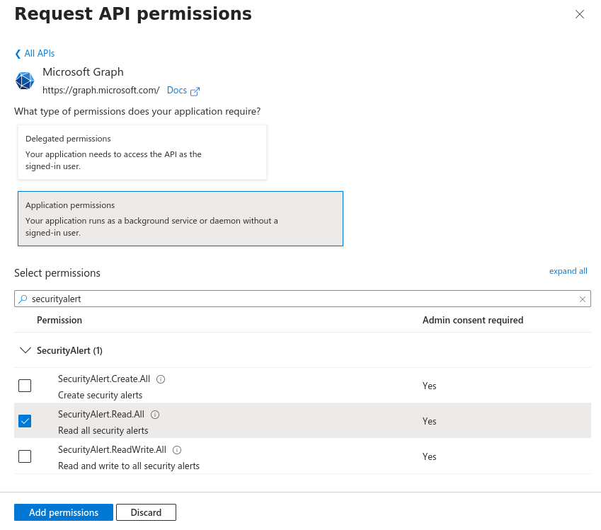 Permission picker filtered to securityalert with SecurityAlert.Read.All ticked