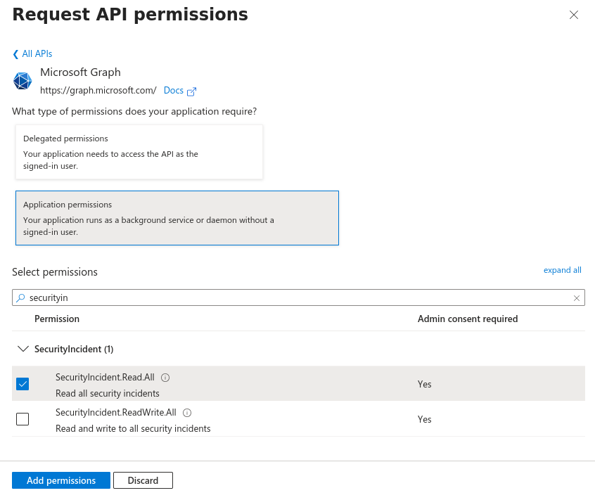 Permission picker filtered to securityincident with SecurityIncident.Read.All ticked
