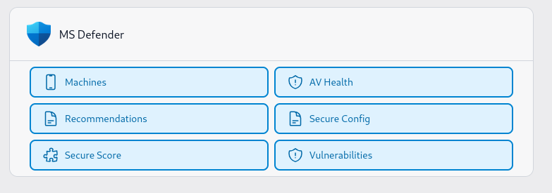 MS Defender card on the Resources page with buttons for Machines, AV Health, Recommendations, Secure Config, Secure Score and Vulnerabilities