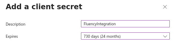 Add a client secret panel with a description and a 730 days (24 months) expiry