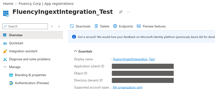 App registration Overview page with the Application (client) ID, Object ID and Directory (tenant) ID fields