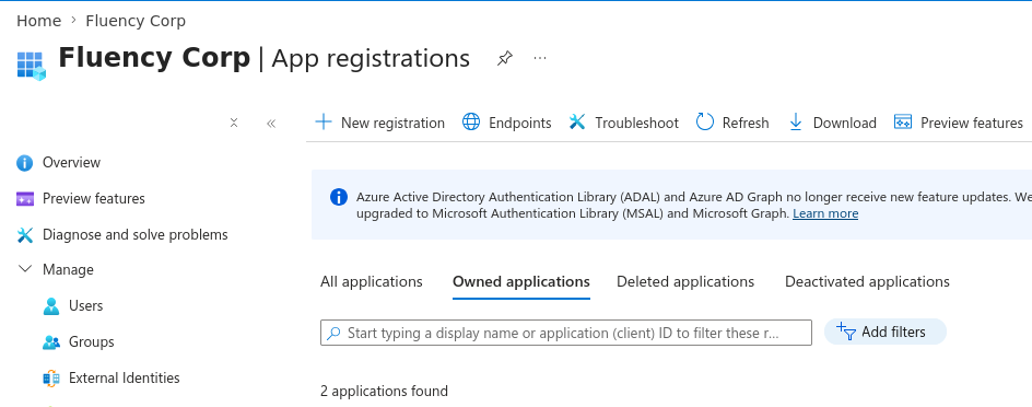 Fluency Corp App registrations page with the New registration button in the command bar